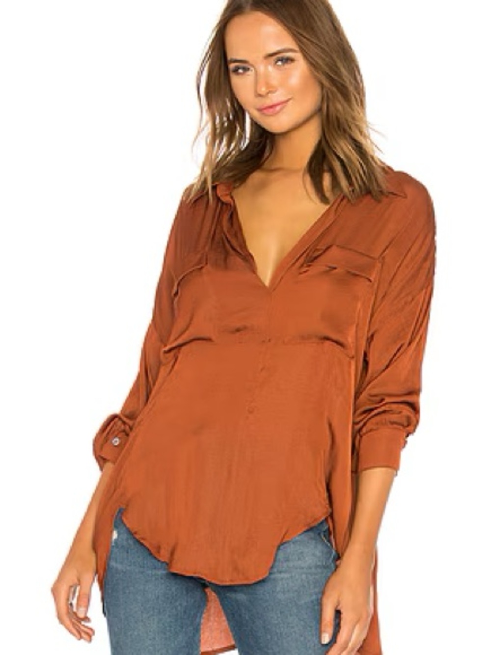Free People Starry Dreams Satin Oversized Pullover Blouse | Brown | Small